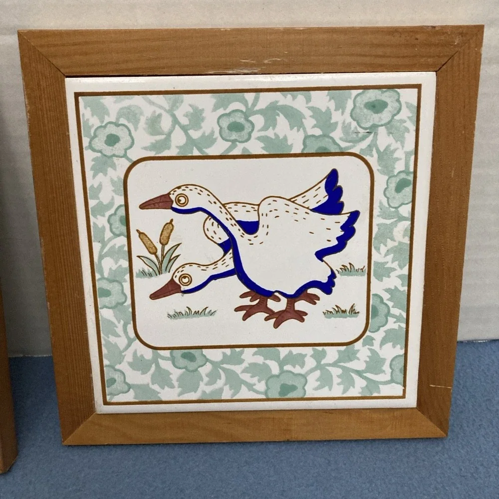 Farmhouse Decor Framed Whimsical Animal Painted Tiles - Set of 2: 1 Pigs 1 Ducks